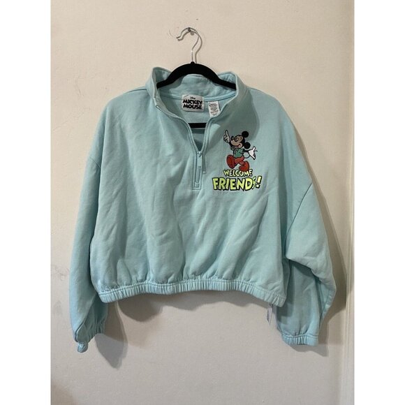 Disney Sweaters - Disney Women's Mickey Mouse Welcome Friends Cropped Pullover Blue 2X